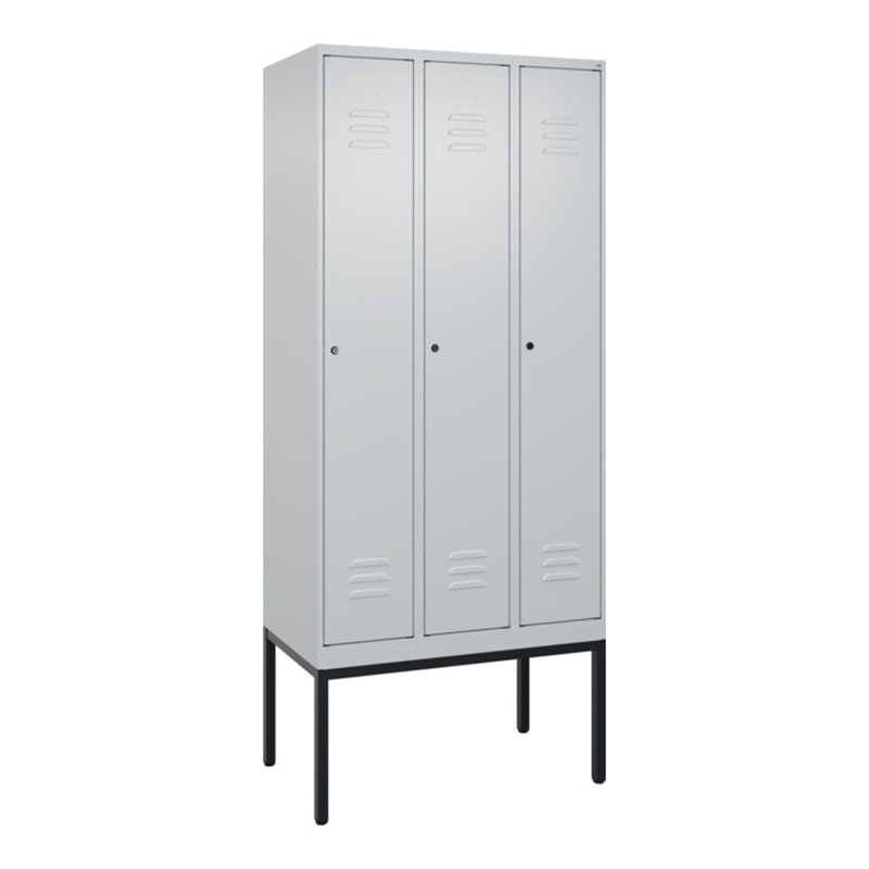 C+P Spind Classic PLUS, Gestell, 3 Abteile, 2120x900x500mm, 7035/7035 Verschluss Zylinderschloss 4 Garderobenhaken Trennwand mit