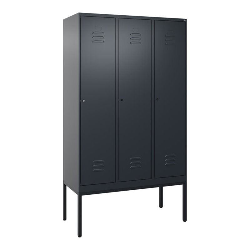 C+P Spind Classic PLUS, Gestell, 3 Abteile, 2120x1200x500mm, 7016/7016 Verschluss Zylinderschloss 4 Garderobenhaken Trennwand mi