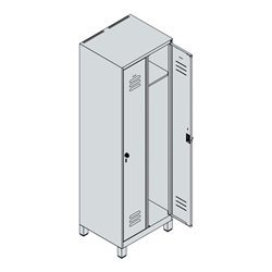 C+P Spind Classic PLUS, Füße, 2 Abteile, 1950x600x500mm, 7035/5010 Verschluss Zylinderschloss 3 Garderobenhaken