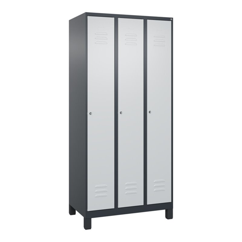 C+P Spind Classic PLUS, Füße, 3 Abteile, 1950x900x500mm, 7016/7035 Verschluss Zylinderschloss 3 Garderobenhaken