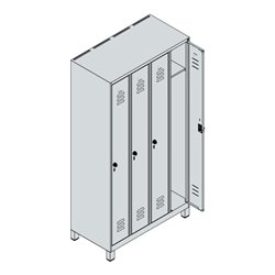 C+P Spind Classic PLUS, Füße, 4 Abteile, 1950x1000x500mm, 7035/5023 Verschluss Sicherheits-Drehriegel 3 Garderobenhaken