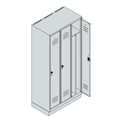 C+P Spind Classic PLUS, Sockel, 3 Abteile, 1950x900x500mm, 7035/3003 Verschluss Zylinderschloss 4 Garderobenhaken Trennwand mitt