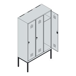 C+P Spind Classic PLUS, Gestell, 3 Abteile, 2120x1200x500mm, 7035/5023 Verschluss Sicherheits-Drehriegel 4 Garderobenhaken