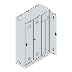 C+P Spind Classic PLUS, Sockel, 3 Abteile, 1950x1200x500mm, 7035/3003 Verschluss Sicherheits-Drehriegel 4 Garderobenhaken Trennw