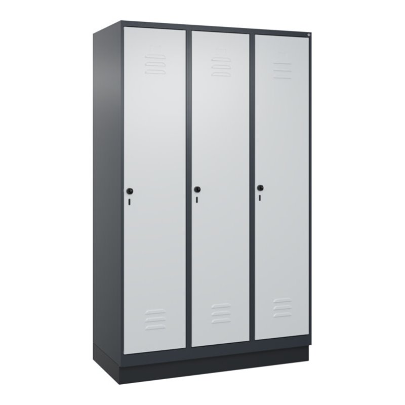 C+P Spind Classic PLUS, Sockel, 3 Abteile, 1950x1200x500mm, 7016/7035 Verschluss Sicherheits-Drehriegel 4 Garderobenhaken Trennw