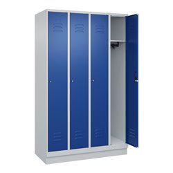 C+P Spind Classic PLUS, Sockel, 4 Abteile, 1950x1200x500mm, 7035/5010 Verschluss Zylinderschloss 3 Garderobenhaken