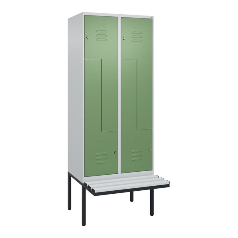 C+P Z-Spind Classic PLUS, Bank, 4 Fächer, 2120x800x815mm, 7035/6011 Verschluss Zylinderschloss Sitzbanktyp auskragend Material S