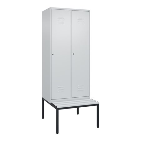 C+P Spind Classic PLUS, Bank, 2 Abteile, 2120x800x815mm, 7035/7035 Verschluss Zylinderschloss 4 Garderobenhaken  Dekor Banklatte