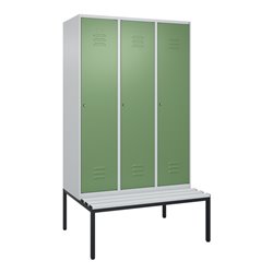 C+P Spind Classic PLUS, Bank, 3 Abteile, 2120x1200x815mm, 7035/6011 Verschluss Zylinderschloss 4 Garderobenhaken  Dekor Banklatt
