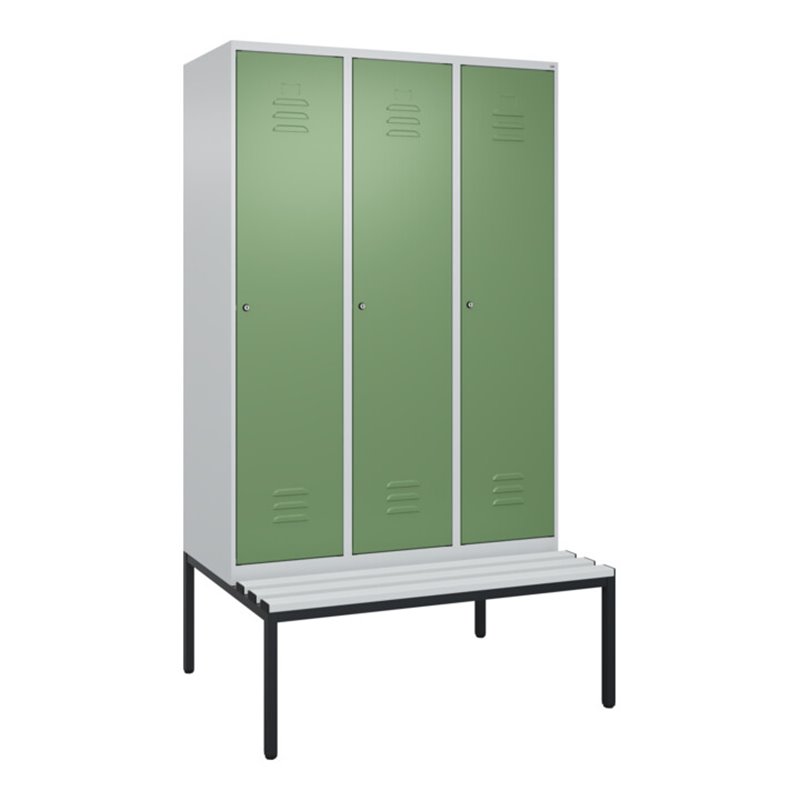 C+P Spind Classic PLUS, Bank, 3 Abteile, 2120x1200x815mm, 7035/6011 Verschluss Zylinderschloss 4 Garderobenhaken  Dekor Banklatt