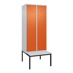 C+P Spind Classic PLUS, Bank, 2 Abteile, 2120x800x815mm, 7035/2004 Verschluss Zylinderschloss 4 Garderobenhaken  Dekor Banklatte