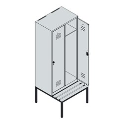 C+P Spind Classic PLUS, Bank, 2 Abteile, 2120x800x815mm, 7035/2004 Verschluss Zylinderschloss 4 Garderobenhaken  Dekor Banklatte