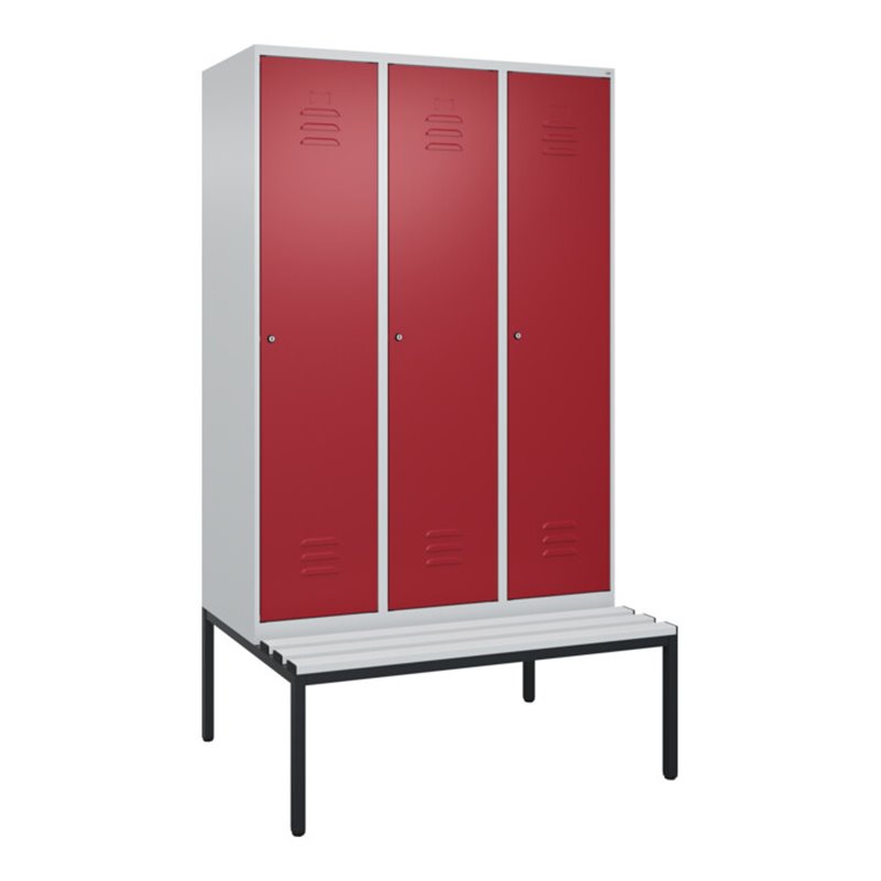 C+P Spind Classic PLUS, Bank, 3 Abteile, 2120x1200x815mm, 7035/3003 Verschluss Zylinderschloss 4 Garderobenhaken  Dekor Banklatt