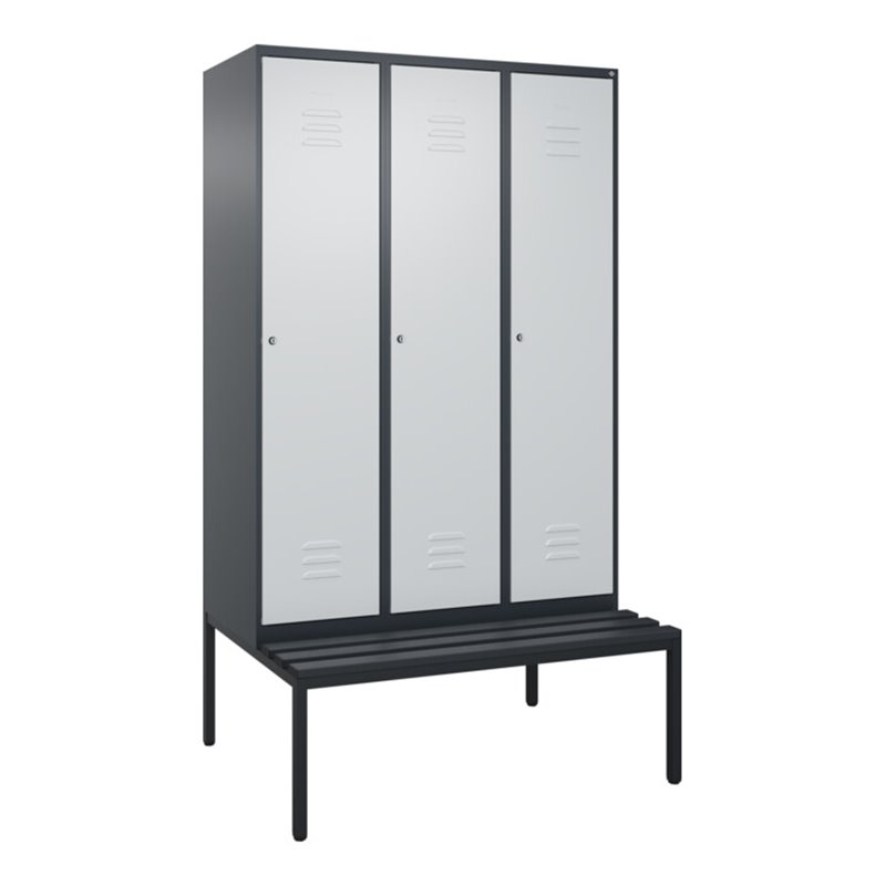 C+P Spind Classic PLUS, Bank, 3 Abteile, 2120x1200x815mm, 7016/7035 Verschluss Zylinderschloss 4 Garderobenhaken  Dekor Banklatt