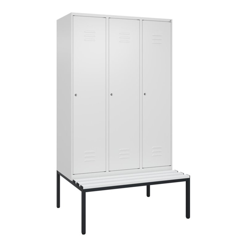 C+P Spind Classic PLUS, Bank, 3 Abteile, 2120x1200x815mm, 9016/9016 Verschluss Zylinderschloss 4 Garderobenhaken  Dekor Banklatt