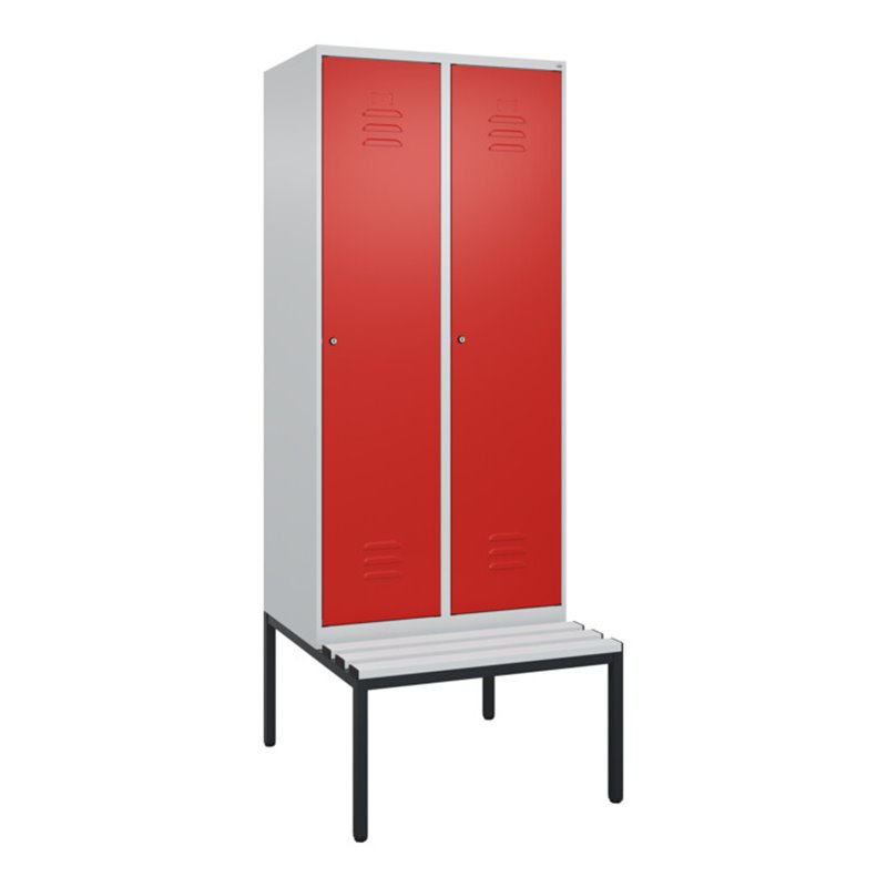 C+P Spind Classic PLUS, Bank, 2 Abteile, 2120x800x815mm, 7035/3020 Verschluss Zylinderschloss 4 Garderobenhaken  Dekor Banklatte