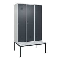 C+P Spind Classic PLUS, Bank, 3 Abteile, 2120x1200x815mm, 7035/7016 Verschluss Zylinderschloss 4 Garderobenhaken  Dekor Banklatt