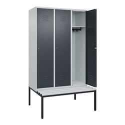 C+P Spind Classic PLUS, Bank, 3 Abteile, 2120x1200x815mm, 7035/7016 Verschluss Zylinderschloss 4 Garderobenhaken  Dekor Banklatt