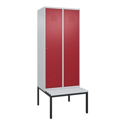 C+P Spind Classic PLUS, Bank, 2 Abteile, 2120x800x815mm, 7035/3003 Verschluss Zylinderschloss 4 Garderobenhaken  Dekor Banklatte