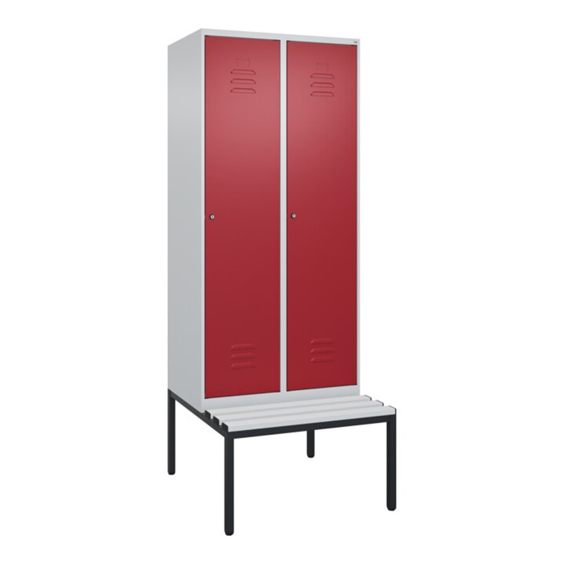 C+P Spind Classic PLUS, Bank, 2 Abteile, 2120x800x815mm, 7035/3003 Verschluss Zylinderschloss 4 Garderobenhaken  Dekor Banklatte