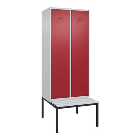 C+P Spind Classic PLUS, Bank, 2 Abteile, 2120x800x815mm, 7035/3003 Verschluss Zylinderschloss 4 Garderobenhaken  Dekor Banklatte