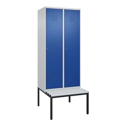 C+P Spind Classic PLUS, Bank, 2 Abteile, 2120x800x815mm, 7035/5010 Verschluss Zylinderschloss 4 Garderobenhaken  Dekor Banklatte