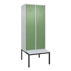 C+P Spind Classic PLUS, Bank, 2 Abteile, 2120x800x815mm, 7035/6011 Verschluss Zylinderschloss 4 Garderobenhaken  Dekor Banklatte