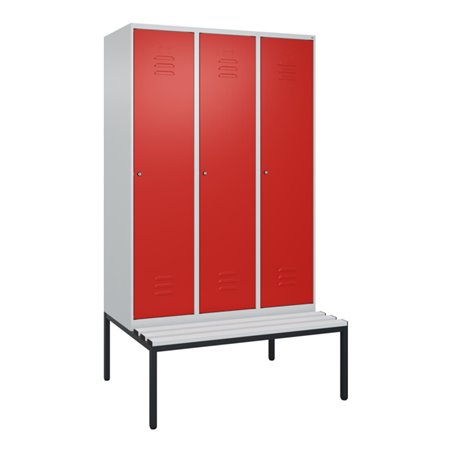 C+P Spind Classic PLUS, Bank, 3 Abteile, 2120x1200x815mm, 7035/3020 Verschluss Zylinderschloss 4 Garderobenhaken  Dekor Banklatt