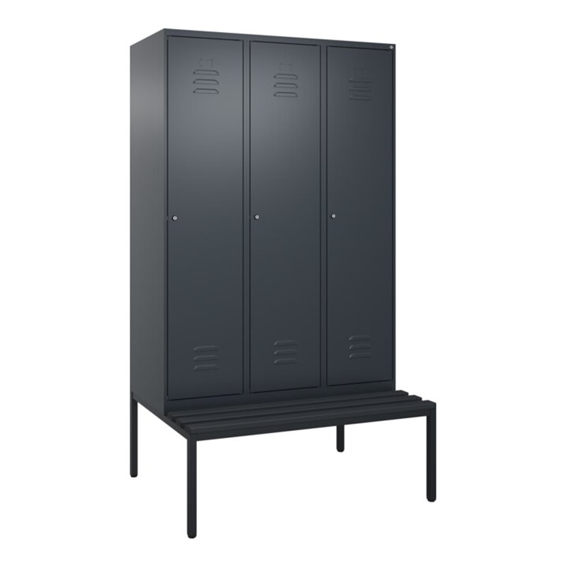 C+P Spind Classic PLUS, Bank, 3 Abteile, 2120x1200x815mm, 7016/7016 Verschluss Zylinderschloss 4 Garderobenhaken  Dekor Banklatt