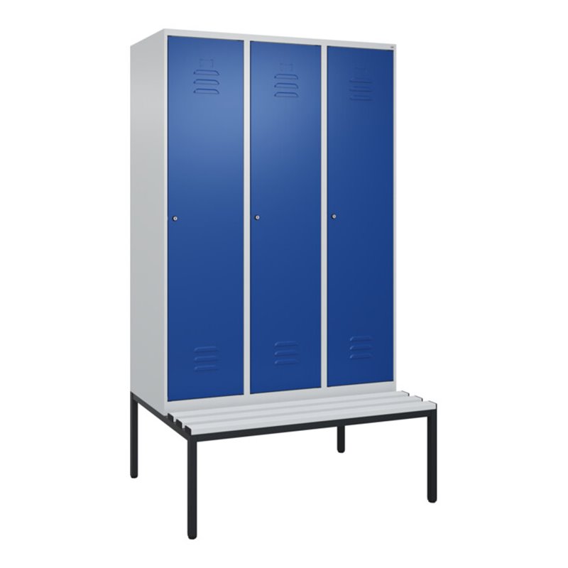 C+P Spind Classic PLUS, Bank, 3 Abteile, 2120x1200x815mm, 7035/5010 Verschluss Zylinderschloss 4 Garderobenhaken  Dekor Banklatt