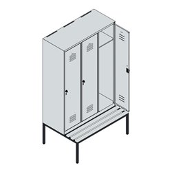 C+P Spind Classic PLUS, Bank, 3 Abteile, 2120x1200x815mm, 7035/0024 Verschluss Zylinderschloss 4 Garderobenhaken  Dekor Banklatt