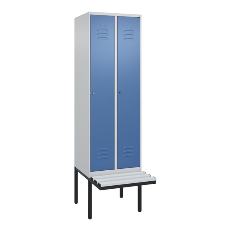 C+P Spind Classic PLUS, Bank, 2 Abteile, 2120x600x815mm, 7035/5023 Verschluss Zylinderschloss 4 Garderobenhaken Trennwand mittig