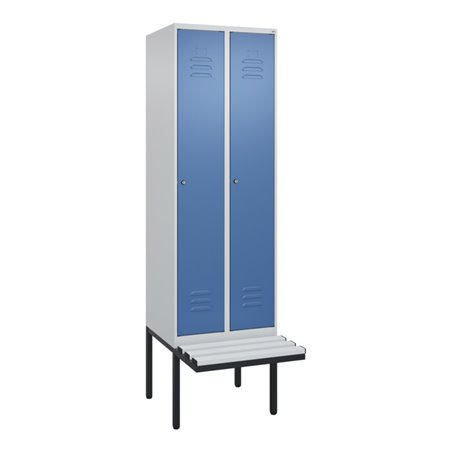 C+P Spind Classic PLUS, Bank, 2 Abteile, 2120x600x815mm, 7035/5023 Verschluss Zylinderschloss 4 Garderobenhaken Trennwand mittig