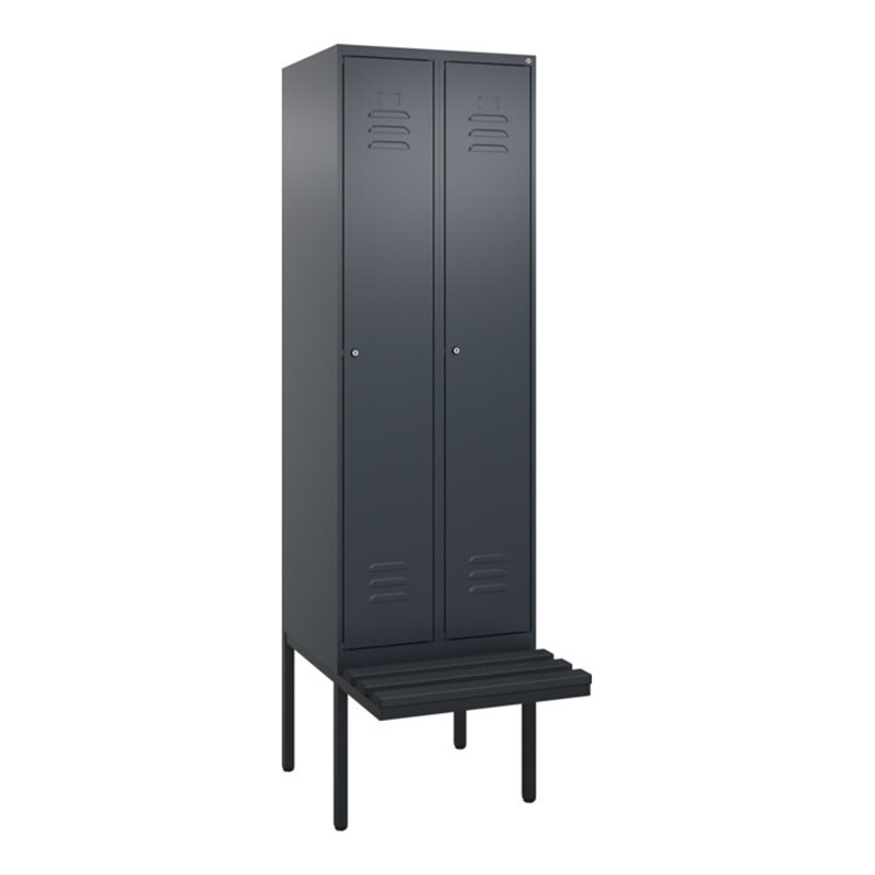 C+P Spind Classic PLUS, Bank, 2 Abteile, 2120x600x815mm, 7016/7016 Verschluss Zylinderschloss 4 Garderobenhaken Trennwand mittig