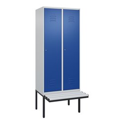 C+P Spind Classic PLUS, Bank, 2 Abteile, 2120x800x815mm, 7035/5010 Verschluss Zylinderschloss 4 Garderobenhaken Trennwand mittig