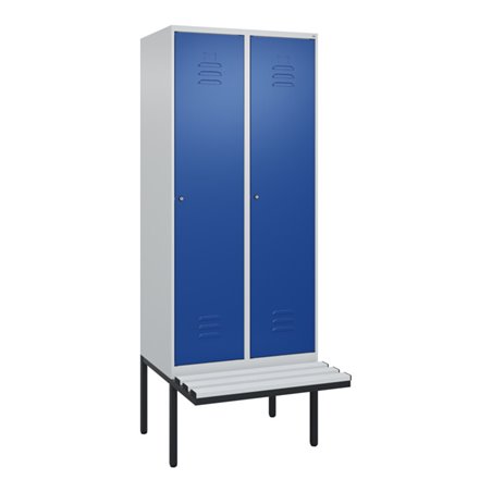 C+P Spind Classic PLUS, Bank, 2 Abteile, 2120x800x815mm, 7035/5010 Verschluss Zylinderschloss 4 Garderobenhaken Trennwand mittig