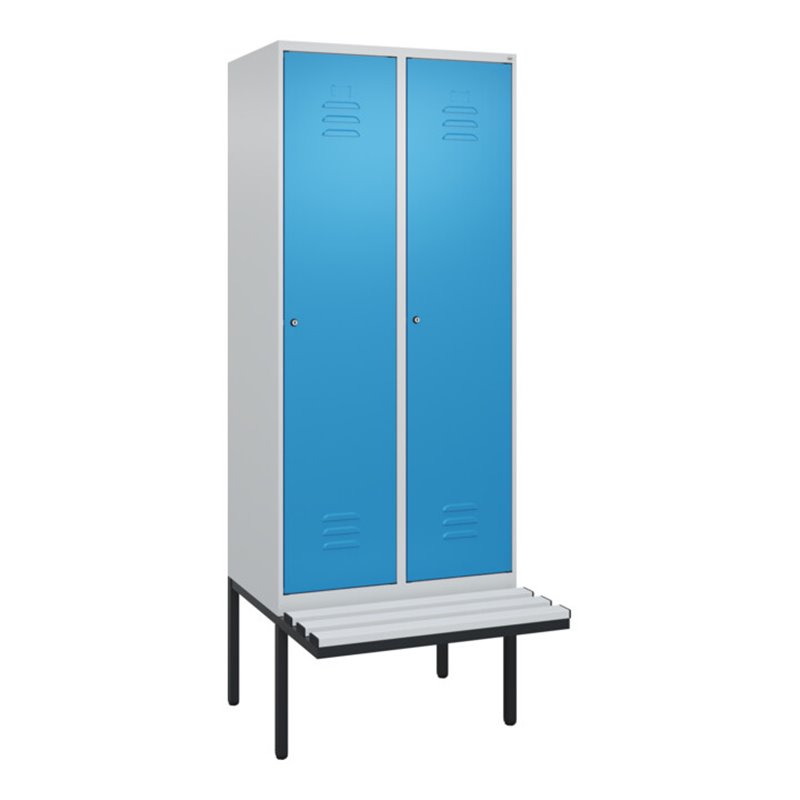 C+P Spind Classic PLUS, Bank, 2 Abteile, 2120x800x815mm, 7035/5012 Verschluss Zylinderschloss 4 Garderobenhaken Trennwand mittig