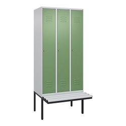 C+P Spind Classic PLUS, Bank, 3 Abteile, 2120x900x815mm, 7035/6011 Verschluss Zylinderschloss 4 Garderobenhaken Trennwand mittig