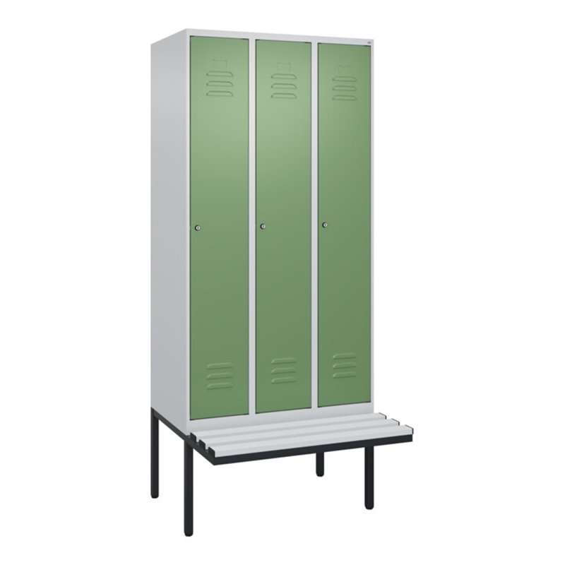 C+P Spind Classic PLUS, Bank, 3 Abteile, 2120x900x815mm, 7035/6011 Verschluss Zylinderschloss 4 Garderobenhaken Trennwand mittig