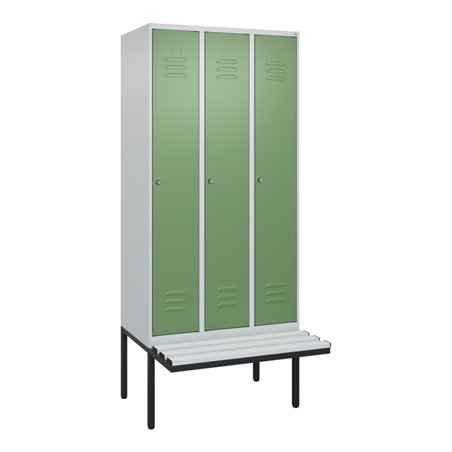 C+P Spind Classic PLUS, Bank, 3 Abteile, 2120x900x815mm, 7035/6011 Verschluss Zylinderschloss 4 Garderobenhaken Trennwand mittig