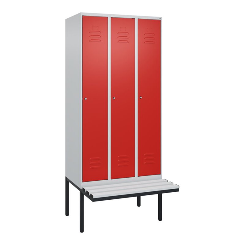 C+P Spind Classic PLUS, Bank, 3 Abteile, 2120x900x815mm, 7035/3020 Verschluss Zylinderschloss 4 Garderobenhaken Trennwand mittig