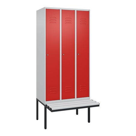 C+P Spind Classic PLUS, Bank, 3 Abteile, 2120x900x815mm, 7035/3020 Verschluss Zylinderschloss 4 Garderobenhaken Trennwand mittig