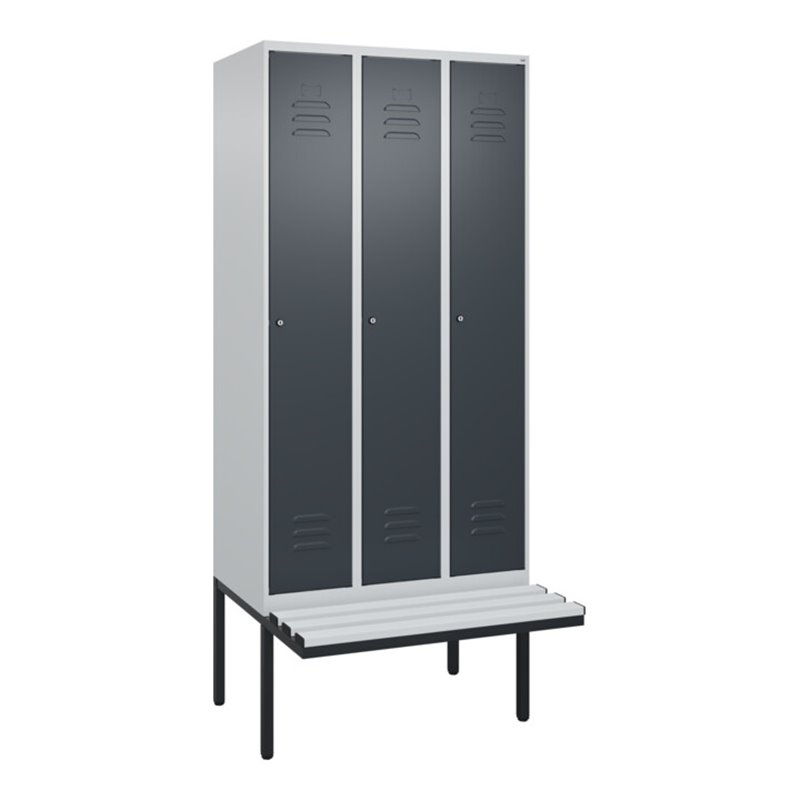 C+P Spind Classic PLUS, Bank, 3 Abteile, 2120x900x815mm, 7035/7016 Verschluss Zylinderschloss 4 Garderobenhaken Trennwand mittig