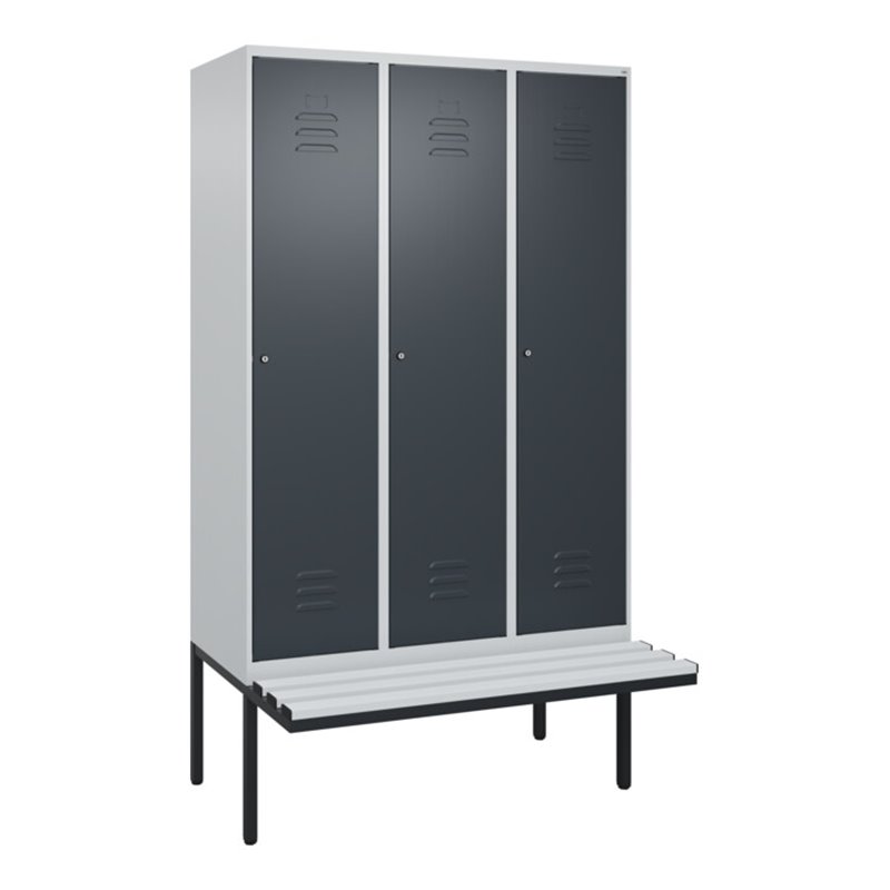 C+P Spind Classic PLUS, Bank, 3 Abteile, 2120x1200x815mm, 7035/7016 Verschluss Zylinderschloss 4 Garderobenhaken Trennwand mitti