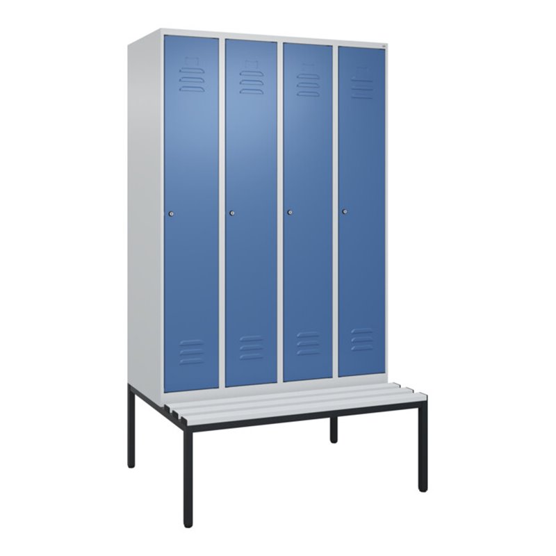 C+P Spind Classic PLUS, Bank, 4 Abteile, 2120x1200x815mm, 7035/5023 Verschluss Zylinderschloss 3 Garderobenhaken  Dekor Banklatt