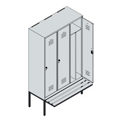 C+P Spind Classic PLUS, Bank, 3 Abteile, 2120x1200x815mm, 7035/6011 Verschluss Zylinderschloss 4 Garderobenhaken Trennwand mitti