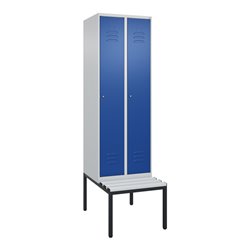 C+P Spind Classic PLUS, Bank, 2 Abteile, 2120x600x815mm, 7035/5010 Verschluss Zylinderschloss 3 Garderobenhaken  Dekor Banklatte