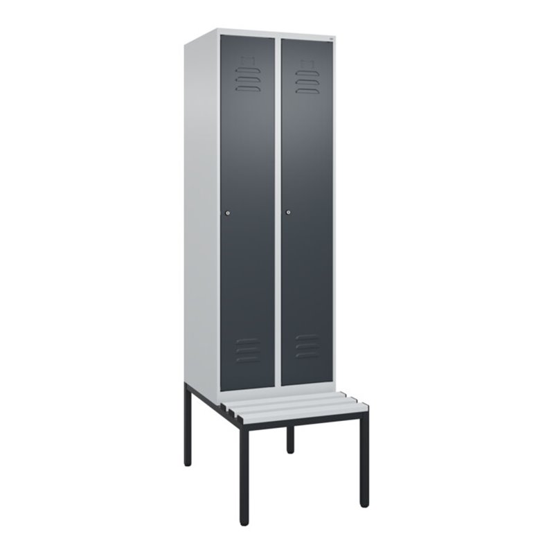 C+P Spind Classic PLUS, Bank, 2 Abteile, 2120x600x815mm, 7035/7016 Verschluss Zylinderschloss 3 Garderobenhaken  Dekor Banklatte