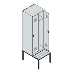 C+P Spind Classic PLUS, Bank, 2 Abteile, 2120x600x815mm, 7035/6011 Verschluss Zylinderschloss 3 Garderobenhaken  Dekor Banklatte