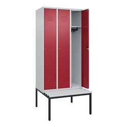 C+P Spind Classic PLUS, Bank, 3 Abteile, 2120x900x815mm, 7035/3003 Verschluss Zylinderschloss 3 Garderobenhaken  Dekor Banklatte